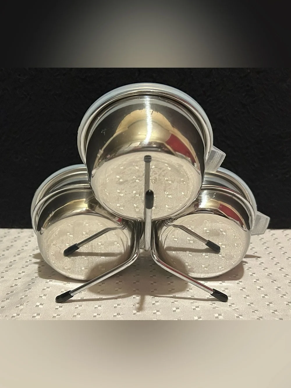 Vintage Stainless Steel Condiment Holder With 3 Bowls & Lids Wood Handle 8